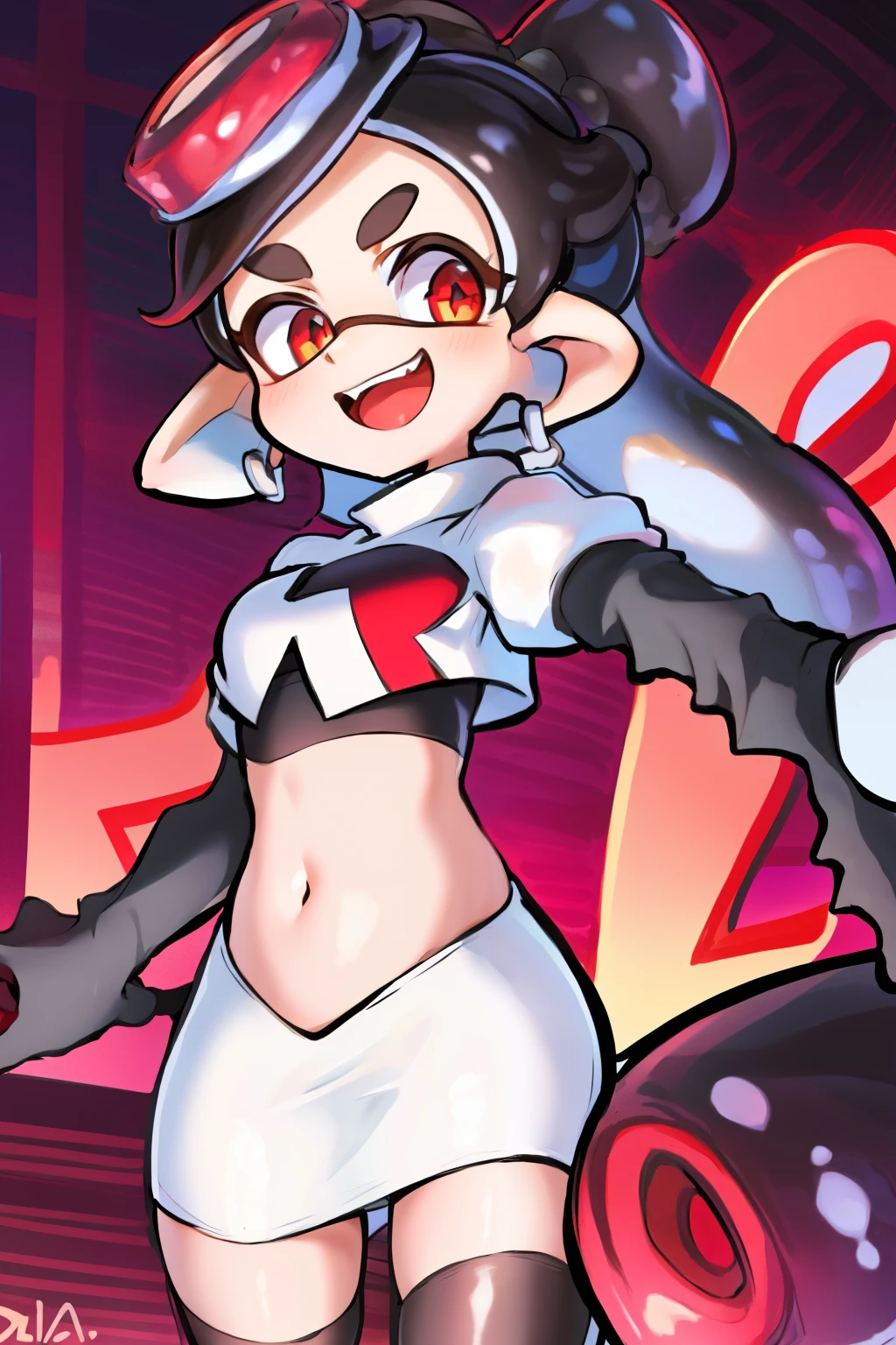 masterpiece, best quality, splatoon,callie, long hair, tentacle hair, cute, team rocket,team rocket uniform,white skirt,red letter R,crop top,black thigh-highs,black elbow gloves