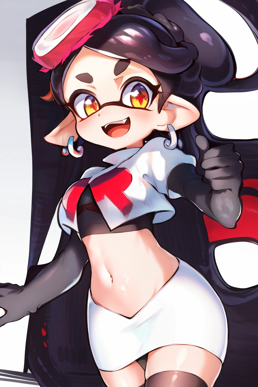 masterpiece, best quality, splatoon,callie, long hair, tentacle hair, cute, team rocket,team rocket uniform,white skirt,red letter R,crop top,black thigh-highs,black elbow gloves