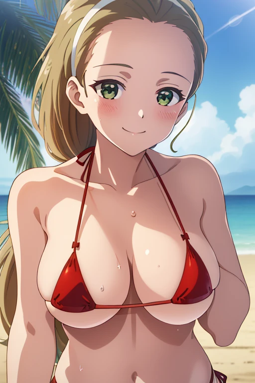 (masterpiece, top-quality, detaile, hight resolution, extremely delicate and beautiful, anime screen cap, anime colours, 8k, photorealistic), akebi sasaki, hairband, long hair, 1girl, dark green eyes, smile, blush, (red Micro Bikini:1.5), (huge drooping breasts:1.5, cleavage), (Leaning forward:1.5, POV:1.2, arms down), (Upper body:1.5), (perfect detailed anatomy, Beauty details of breasts and eyes, Shiny skin), thick outline, beach, Sweat