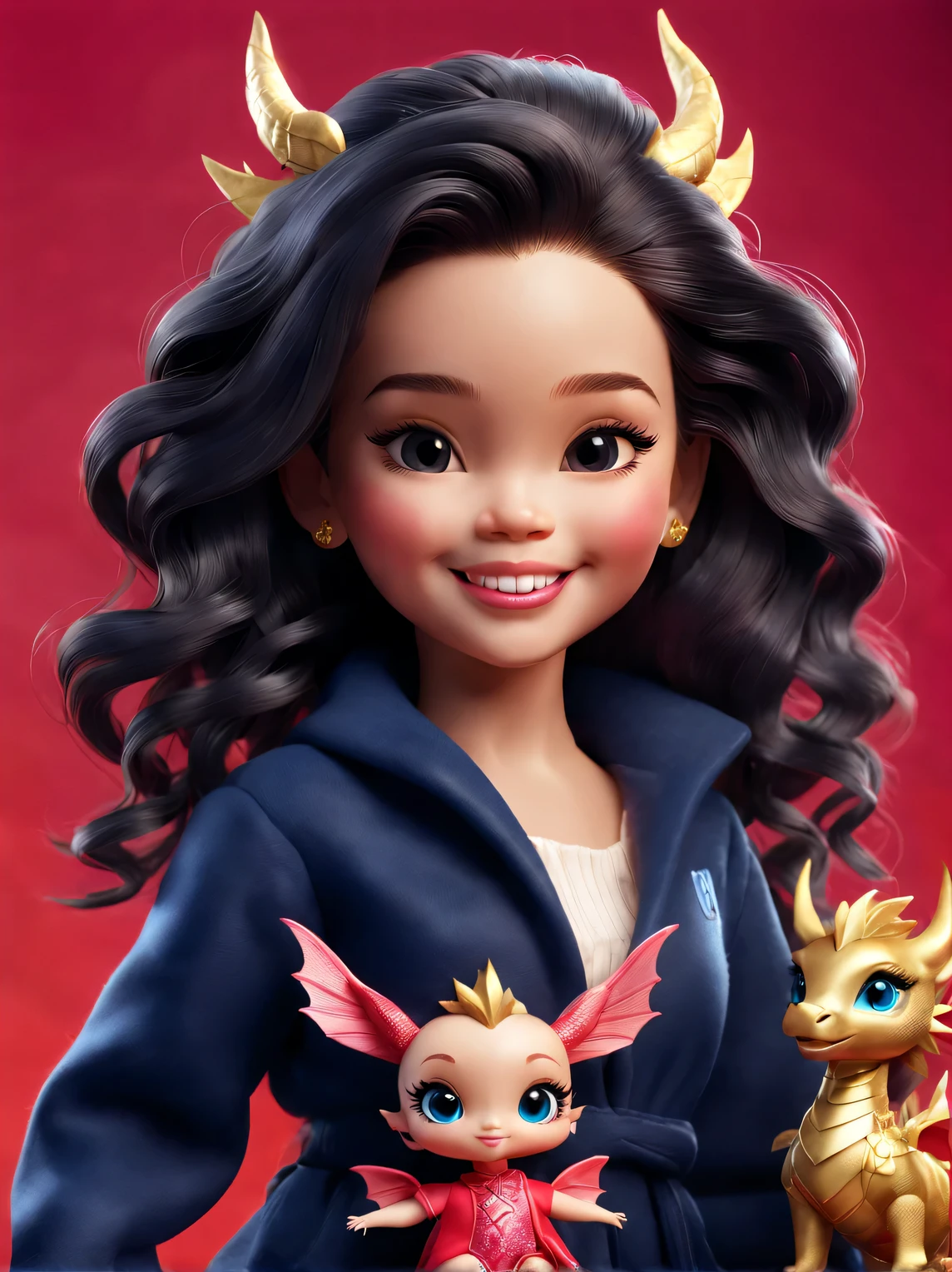 tully shaw style (Close up of cute laughing baby dragon and barbie girl with long black curly hair: 1.1), Exudes luxury, Gorgeous fashionable winter cashmere wool craft, With dark navy blue and fiery red background, 2024 new year elements, gold coins, Oyuki,line sleek、seamless, Demonstrate perfect craftsmanship and quality，
Cute 3d rendering, Cute and detailed digital art, slight feeling, stylized 3d render,16k，illuminations，3D character art rendering, lovely digital painting, Anime style 3D, Ultra-detailed rendering, hyper HD, tmasterpiece, Acura, ctextured skin, super detailing, high detal, high high quality, Award-Awarded, Best quality, A high resolution, 16k,