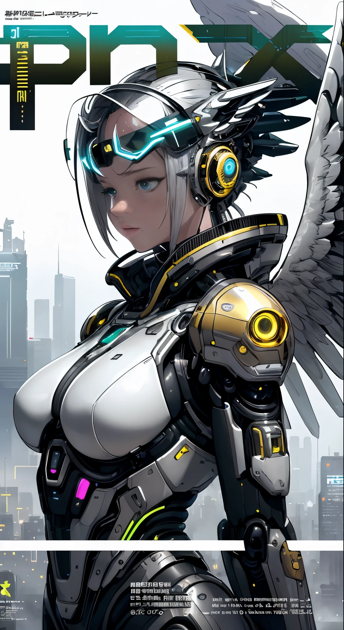 masterpiece, (best quality), (ultra-detailed), (ultra-realistic:1.2), landscape, sci-fi, transistorpunk, cyberpunk, biopunk, (magazine cover:1.4), (gray, white), female huge robot, visor, earring, mechanical angel wings on the back, angel wings, future town, dynamic pose, dynamic angle, small breasts, luxury, (gold, silver, green), neon