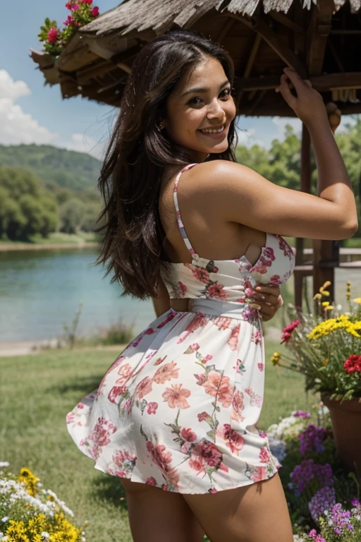 Latina woman, 30 years old, exuberant, brown eyes, perky butt, large breasts, dress, smile, lake, flowers, showing legs.