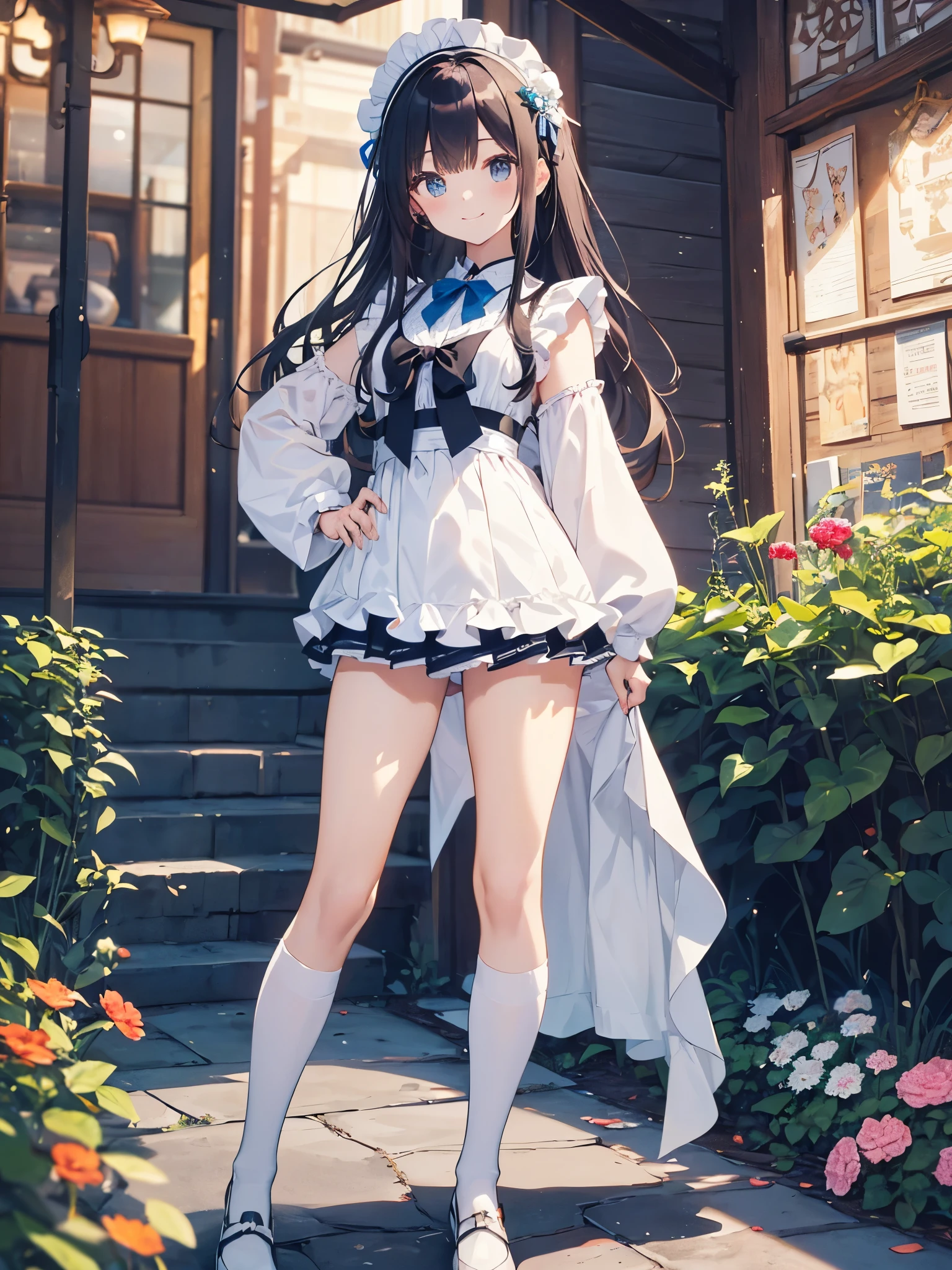 Beautiful illustration、top-quality、cute petit girl、(transform sequence)、((blue maid style leotard))、10yaers old、elementary student、Slender beautiful girl、Fractal Art、baby-face、((stright long hair))、beatiful detailed eyes、A smile、Full Body Display、Western-style garden、（1 persons）、long-sleeve、landscaped gardens、（knee high socks）、is standing、（highleg）、Fox ears、