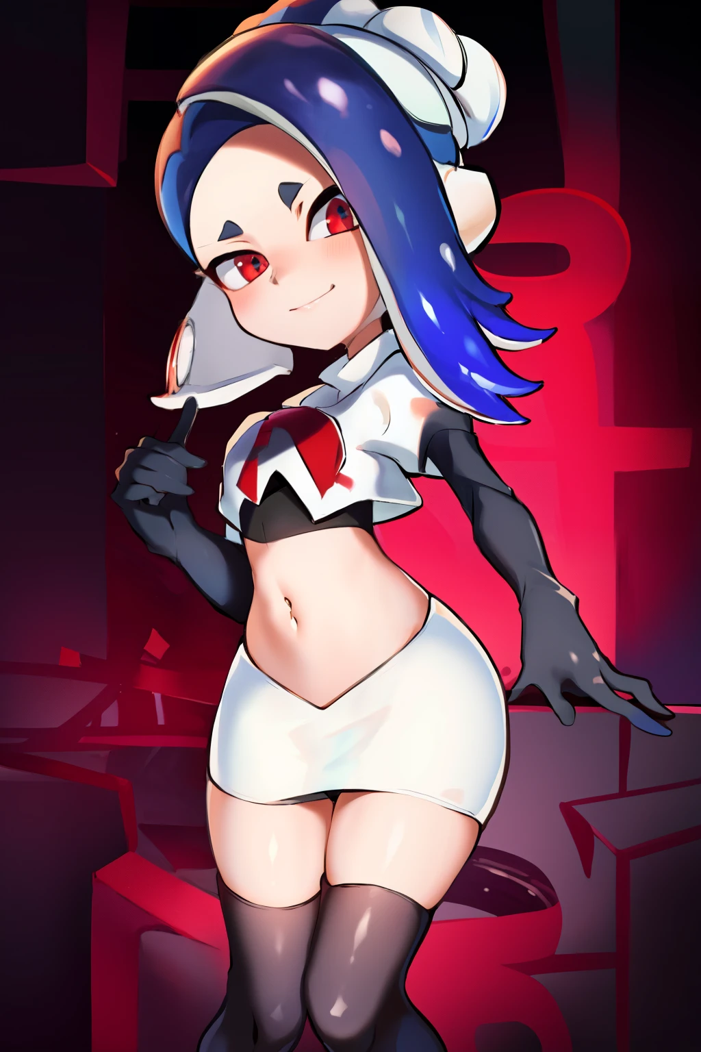 masterpiece, best quality, splatoon,(shiver:1.2), cute, team rocket,team rocket uniform,white skirt,red letter R,crop top,black thigh-highs,black elbow gloves