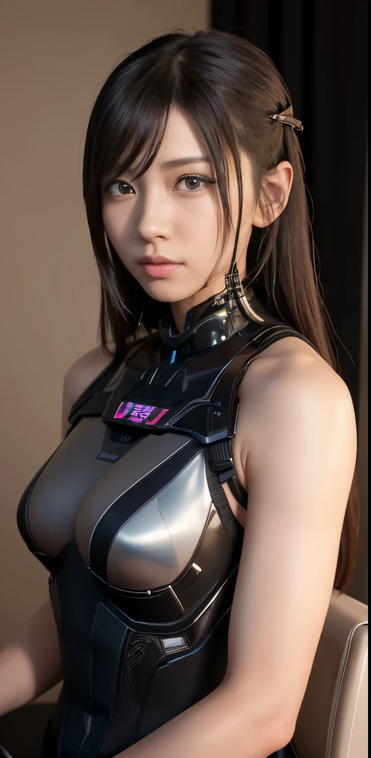 top-quality、​masterpiece、超A high resolution、(Photorealsitic:1.4)、((a beauty girl:1.6)), 全身cyborgs少女1体、sixteen years old、NOhumans、Armored internal mechs are not exposed、((The skin part is only the face)), Luminous Eyes、((Lots of split metal chest protectors)), metals机器人、((全身が戦闘机器人の体))、((ボディパーツは机器人パーツ:1.8))、((The internal mechanisms of the chest are exposed)), ((Mechanical chest armor with LED indicators and meters)), 机器人アームと脚を立てた腹部のmetals骨格))、頸部のmetals骨格、Under repair、destroyed body、metalsメカニカルブラ、全身metalsスキン、metals製ボディスーツ、全身を覆うmetals鱗、metals製のボディ、全身metals、a beauty girl、prosthetic hand、artificial leg、全身cyborgs、露出したmetals骨格、Asian Beauty、cyberpunked、steampunc、Inside the futuristic space battleship、laboratory、Complex 3d rendering beautiful porcelain profile ultra detailed female type android face、dark brown  hair、glowy skin、((超realisiticなディテール))、portlate、globalillumination、Shadow、octan render、metals、Details of complex ornaments、Japan details、highly intricate detail、Realistic light、CGSoation Trends、a purple eye、Eyes shining towards the camera、neon details、Mechanical edge blood vessels connected to tubes、Mechanical vertebrae attached to the back、mechanical cervical attaching to neck、sitting on、Wires and cables connecting to the head、Gundam、Small LED lamp、​masterpiece、 metals机器人、metals製のボディ、全身metals、prosthetic hand、artificial leg、全身cyborgs、露出したmetals骨格、Asian Beauty、cyberpunked、steampunc、Futuristic cities、laboratory、Complex 3d rendering beautiful porcelain profile super detailed female android face、cyborgs、机器人部品、150mm、beautiful studio soft light、Rim Lights、vibrant detail、豪華なcyberpunked、Ren Hao、surrealistic、Anatomical、face muscles、cable electric wires、microchips、elegent、beatiful backgrounds、octan render、HR Giger Style、8K、top-quality、​masterpiece、illustratio、extremely delicate and beautiful、 extremely details CG、Unity、wall-、(realisitic、Photorealsitic:1.37)、astonishing、detaile、​masterpiece、best qualtiy、Official art、Highly detailed CG Unity 8k wallpaper、absurderes、信じられないほどabsurderes、、机器人、Silver Halmet、full body Esbian、is standing