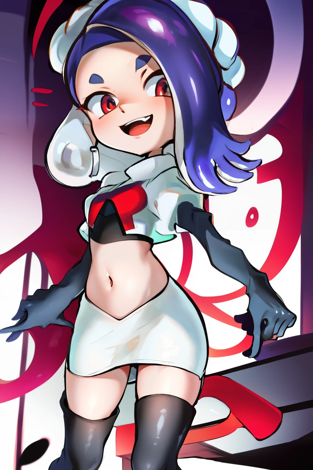 masterpiece, best quality, splatoon,(shiver:1.2), cute, team rocket,team rocket uniform,white skirt,red letter R,crop top,black thigh-highs,black elbow gloves