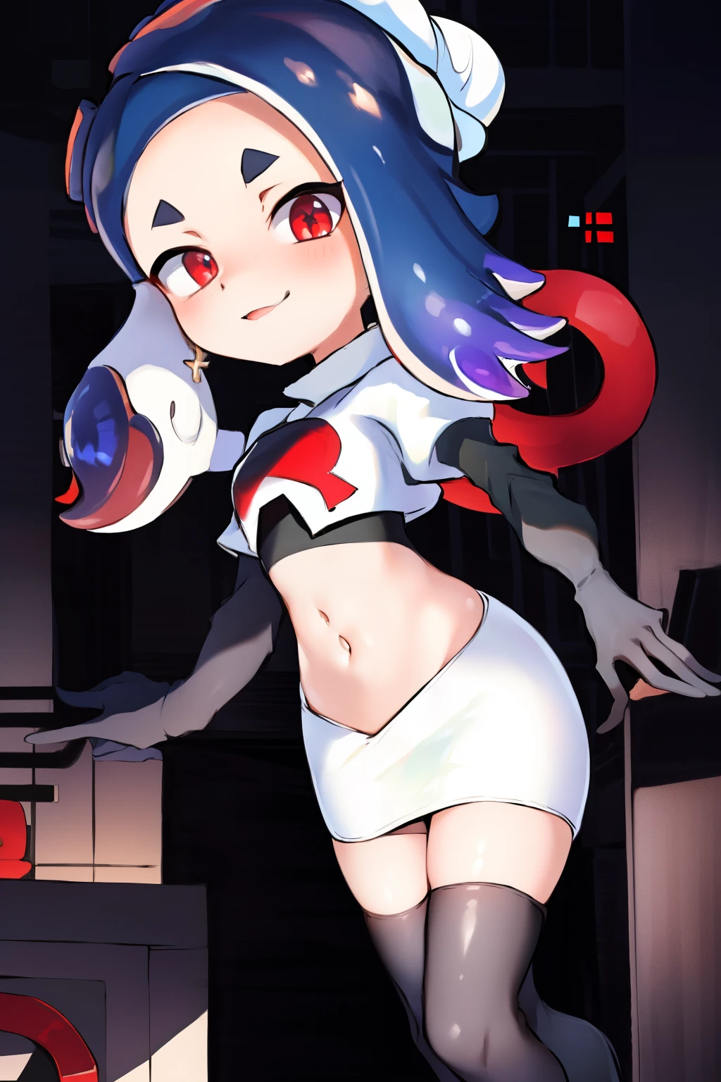 masterpiece, best quality, splatoon,(shiver:1.2), cute, team rocket,team rocket uniform,white skirt,red letter R,crop top,black thigh-highs,black elbow gloves