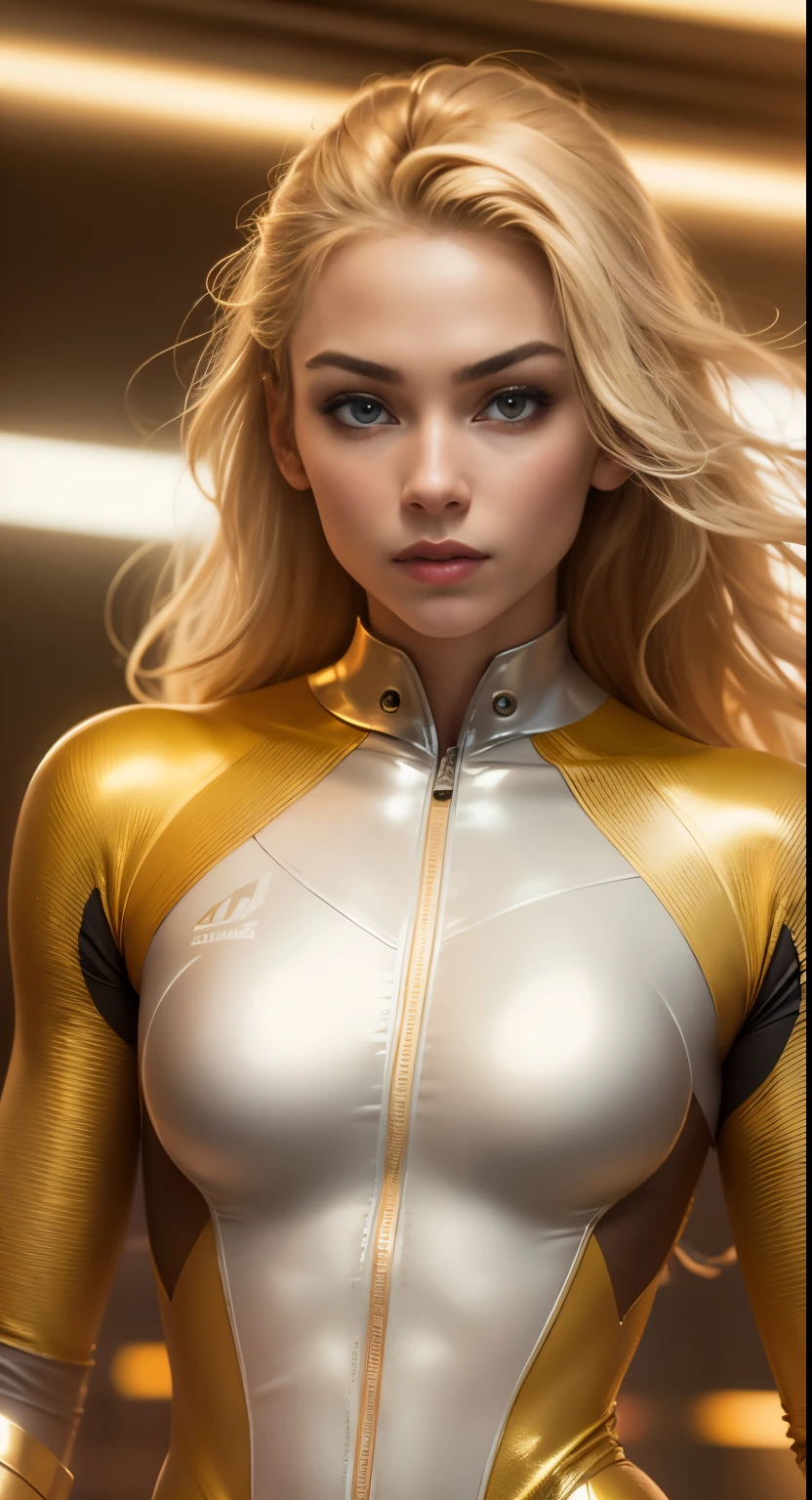 In a Cinematic Photography style, full body, beautiful European girl, 15 year old blonde, slender hips, athletic. looking directly at the camera, realistic skin texture, sporting a rebellious hairstyle. sporty ponytail. (((reflective metallic golden leotard))), Cameltoe. (silky white superhero Cape with gold trim_1.5) Matching reflective metallic golden boots. Matching reflective metallic golden gloves, seduction, thin body, slender hips. perfect body, highly detailed, 8K resolution, ultra realistic, Gothic, fantasy, Divine, Clean, Rich, prestige, Fantastic, supreme, apex, Supreme, Goddess. (Scifi neon background). soft lighting