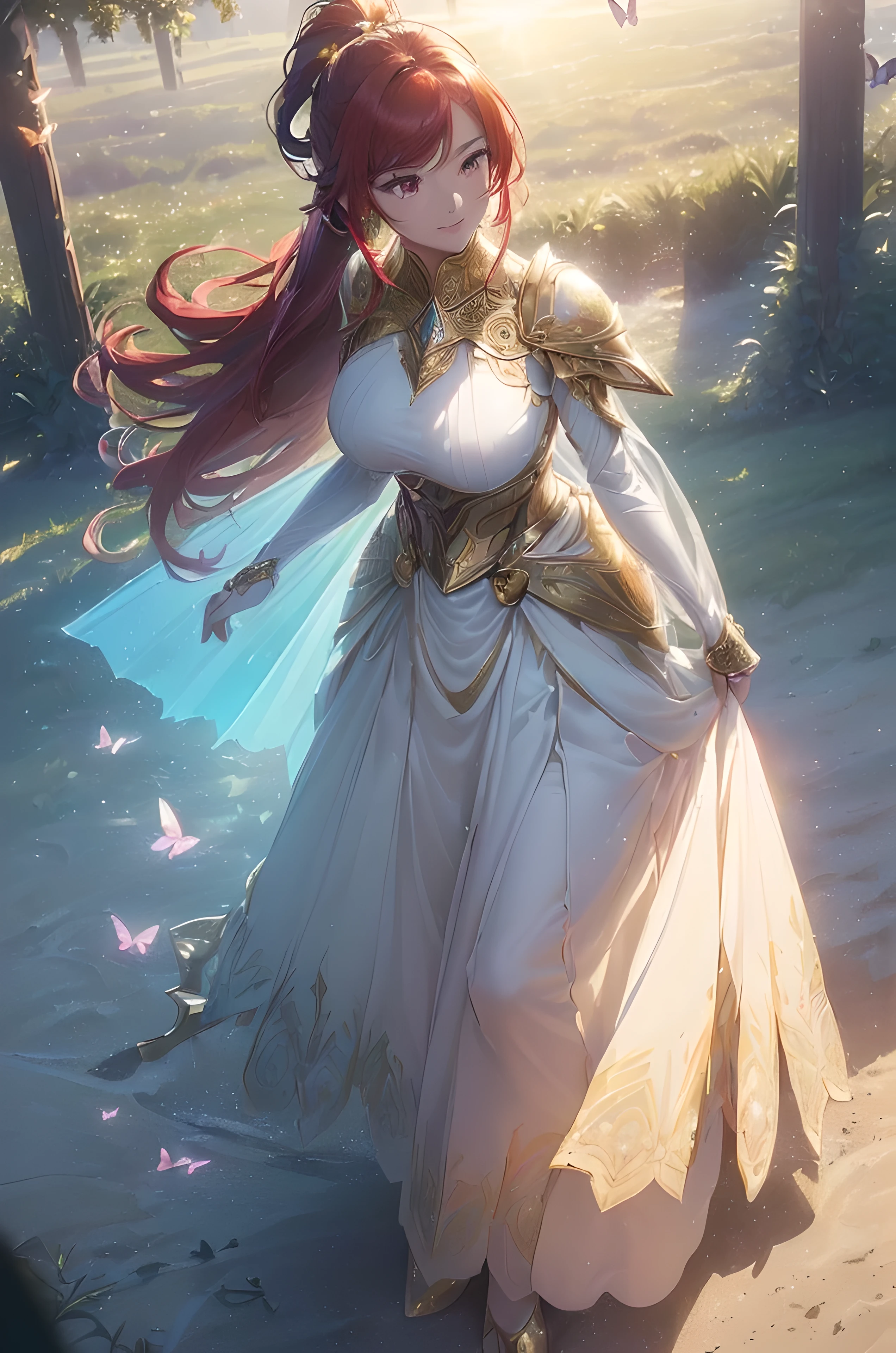 A beautiful woman, ((((realistic oil art, 46-year-old Empress, fantasy, Empire  serious scene, vibrant look, (( Angel knight, shining knight, glowing knight, glowing armor, fine armor, intricate armor design, full body armor, full dress clothes, elite clothes, soft clothes, full body dress, black color clothes, black details)), ((( soft red color armor, silk, cinematic lighting, floating hair, sharp, prism, big shield, beautiful motion)), 1girl, masterpiece, extremely detailed, (beautiful detailed glow), lens flare, golden flare lens, sun flare, clouds, backlighting, (glowing blue sky)
, aurora, sparkling light ,smile, laughter, standing in the distance, looking at the viewer, full-length
, elegance under the sun light, hair ornament, movement motion, image look alive, perfect body figure, very big breast, very big ass, beautiful face, milf, royal, red color hair, silky hair, shining hair, shine eyes, red eyes, ponytail long hair style, beautiful skin, Extremely details hair, fine details, cinematic lighting, beautiful lighting effect, creative design, full body frame, divine aura, hard harmony , sun light, perfect color transition, perfect balance of contrast, perfect color layer, perfectly smooth color blur, soft rendering, smooth color stroke, sun glare, optic lens, sunlight ray, soft colors, smooth colors blend, perfect color rendering, harmony, perfect color harmony, beautiful color, soft harmony, light particles, perfect details, intricate details, color prism, fine details, refine details, different view point, extremely details clothes))), Tachibana Omina art style, sharp eyes gaze, half a smile, slightly open mouth, a triumph expression, floating on the sky, stay on cloud, shining with a bright light, calm, breeze and sunlight, sun, clouds, butterflies in the sky, shining butterflies, realism, ((Best quality))),8k,((Masterpiece)),(Extremely refined and beautiful)