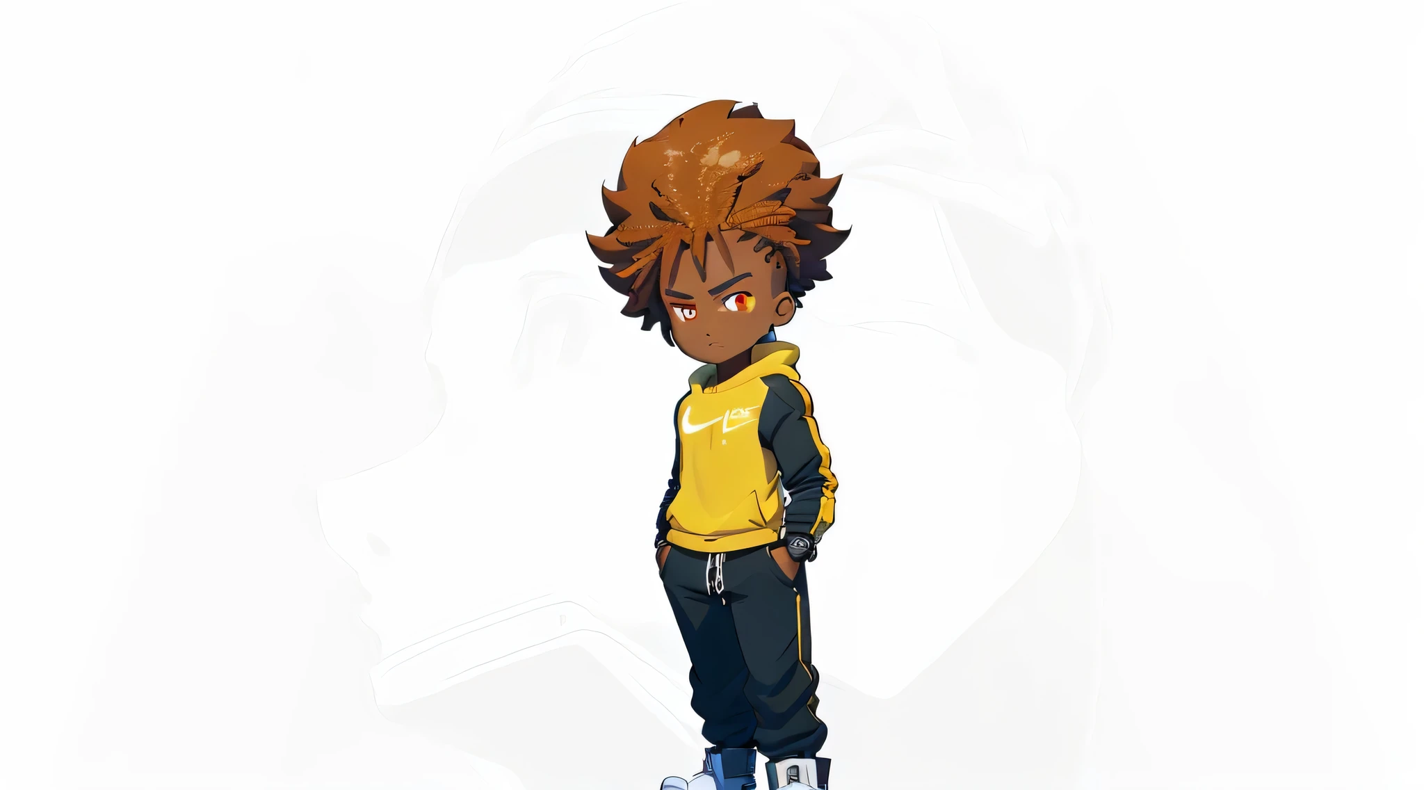 a close up of a Caramel Brown skin Male wearing Baggy Black Nike Sweatsuit Hoodie, white T-Shirt top underneath sweat jacket, light Blue stone washed Distressed Streetwear jeans with a Gemstone luxury belt on her waist,. African American character in tekken, half body close-up shot, male character, singlehighly detailed exquisite fanart, anime portrait of a high quality portrait, detailed character art, full art illustration, human male character art, highly detailed character design, male character design, ((adventure time style) anime style, screencap, (((flat colors))) (((detailed face))), tetradic colors, extremely detailed illustration, art by Mschiffer, cartoonish vector, JRPG,skyline, buildings, city, cloudy red sky, \(machine\), dutch angle, from side, light frown, looking at viewer, outdoors, rooftop, sky, skyscraper