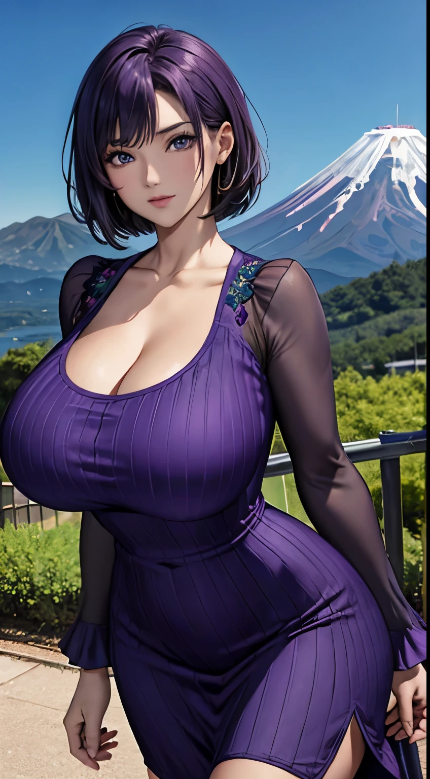 mountain fuji on the background、hawk、cleavage of the breast，bbw， fully body photo，(((Purple tight dress)))，Luxurious embroidery， Short hair、abdominals