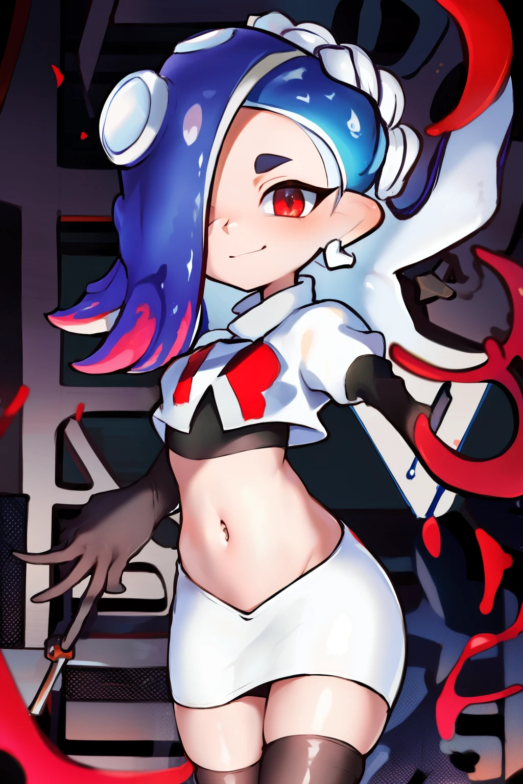masterpiece, best quality, splatoon,(shiver:1.2), hair over one eye, cute, team rocket,team rocket uniform,white skirt,red letter R,crop top,black thigh-highs,black elbow gloves