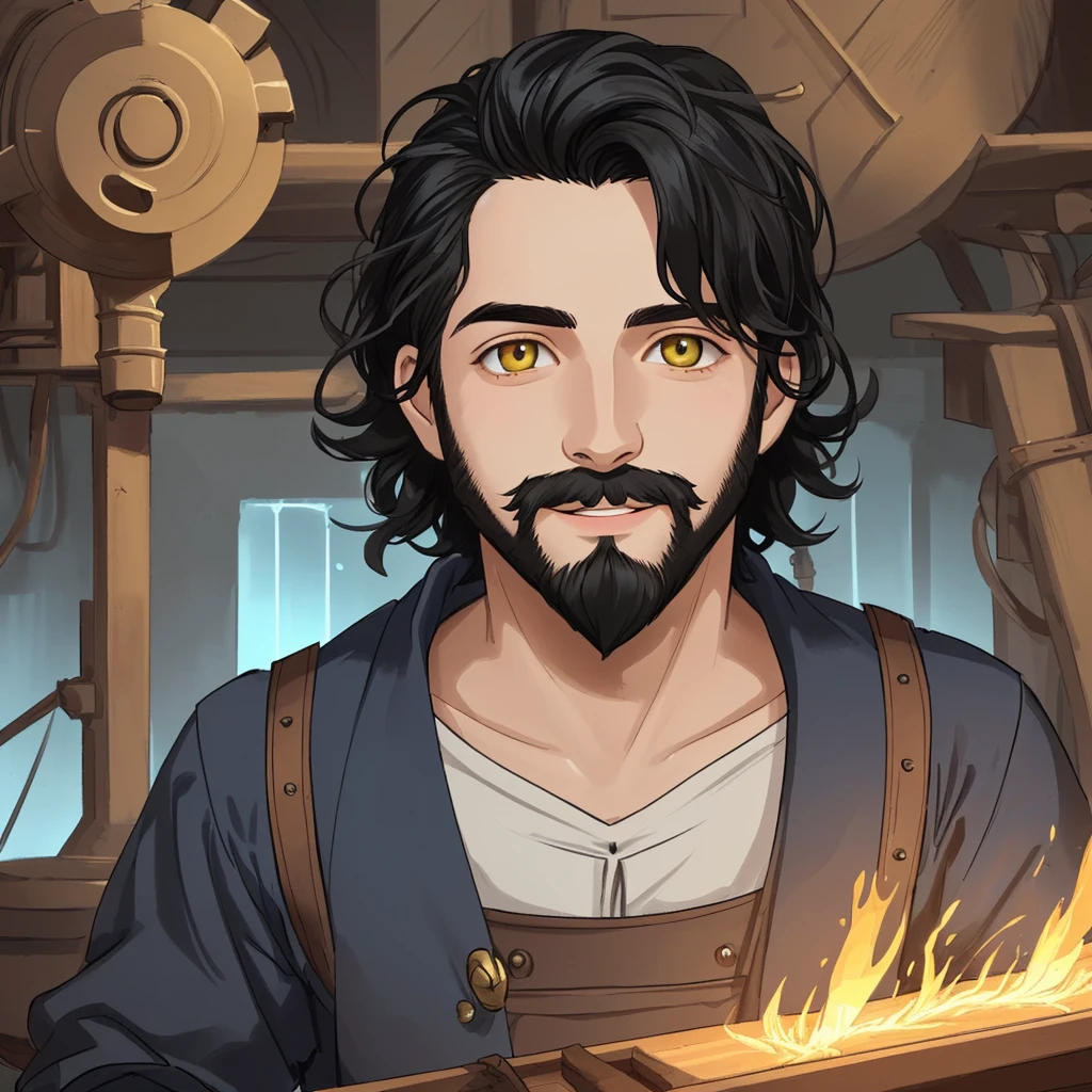 (high-quality, breathtaking),(expressive eyes, perfect face) portrait,boy,small beard,male, solo, man, age late 20's, black hair, yellow golden eye color, short hair length, soft wavy hair, spiky hair, gentle smile, side bangs, looking at viewer, portrait, happy expression, fantasy clothing, blacksmith, blacksmith clothing, blacksmith profession, elegant, mature, height 5"6, blue lighting in hair, blue trim,boy age 19 , small beard, beard