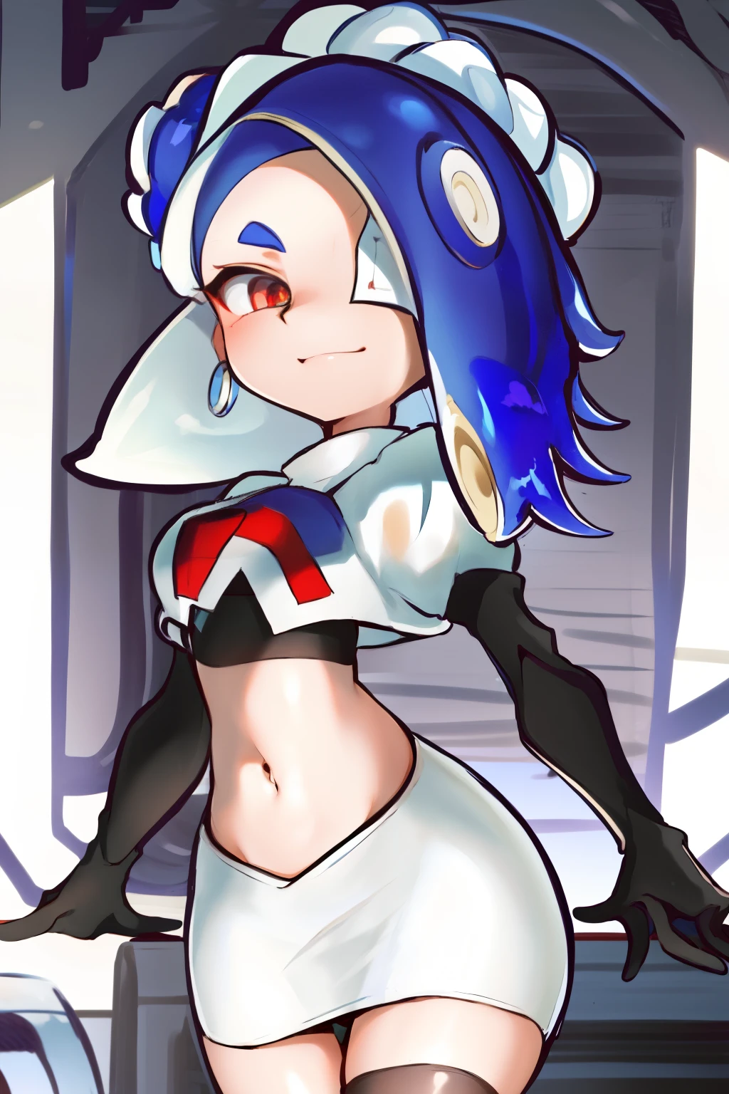 masterpiece, best quality, splatoon,(shiver:1.2), hair over one eye, cute, team rocket,team rocket uniform,white skirt,red letter R,crop top,black thigh-highs,black elbow gloves