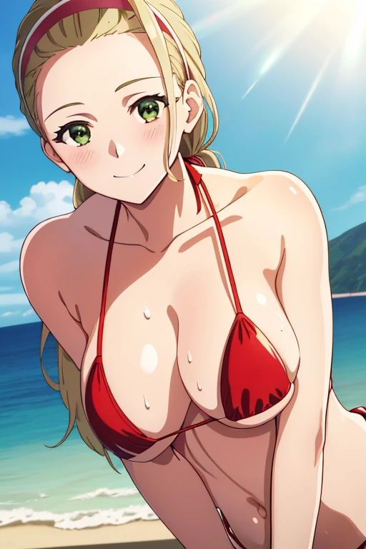 (masterpiece, top-quality, detaile, hight resolution, extremely delicate and beautiful, anime screen cap, anime colours, 8k, photorealistic), akebi sasaki, hairband, long hair, 1girl, dark green eyes, smile, blush, (red Micro Bikini:1.5), (huge drooping breasts:1.5, cleavage), (Leaning forward:1.5, arms down), (Upper body:1.5), (perfect detailed anatomy, Beauty details of breasts and eyes, Shiny skin), thick outline, beach, Sweat