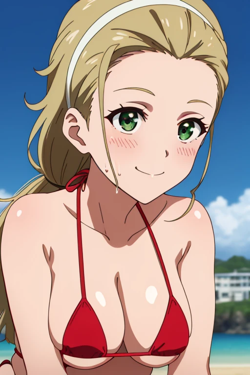 (masterpiece, top-quality, detaile, hight resolution, extremely delicate and beautiful, anime screen cap, anime colours, 8k, photorealistic), akebi sasaki, hairband, long hair, 1girl, dark green eyes, smile, blush, (red Micro Bikini:1.5), (huge drooping breasts:1.5, cleavage), (Leaning forward:1.5, arms down), (Upper body:1.5), (perfect detailed anatomy, Beauty details of breasts and eyes, Shiny skin), thick outline, beach, Sweat