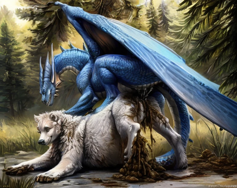 ((((photorealistic feral white bear with blue wyvern dragon)))), ((((feral, duo, anal, stomach bulge)))), ((((excessive feces, cum splatter, feces covered)))), ((((standing, doggystyle, sex from behind)))), outside, sunny, blue skys, best quality, shaded, extreme detail, highly detailed, ultradetailed, intricate, realistic, detailed background, hi res, realistic, photography \(artwork\),  \(artwork\), (by kenket), by ross tran, by michael & inessa garmash, by pino daeni, by isvoc, by kiguri, by alena aenami, by ruan jia, (by zenthetiger, by wolfy-nail), by Enki Bilal, by drmax, photorealism, photorealism,