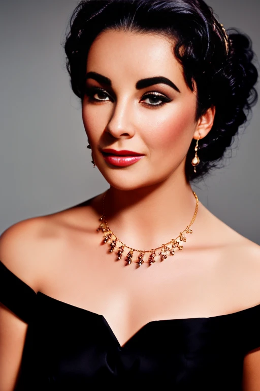 A realistic full portrait image of young actress Elizabeth Taylor with black hairstyle, beautiful, ((big perfect silicon boobs)), (fit sexy muscular hardbody), ((Perfekte Augen)), (Augen-Make-up:1.1), Lippenstift, Blick auf den Betrachter, detailliertes Gesicht, smil, (Hochdetaillierter Skin:1.1), Perfect Body, (wears a gold necklace and earrings), ((wearing a classic black strapless dress by Chanel)), ModelShoot-Stil, Professionelle Fotografie, Dramatische Beleuchtung, fotorealistisch, ((Stehen in einem dunklen Studiohintergrund)), verschwommener Hintergrund, .RAW, Analoger Stil, Scharfer Fokus, 8K, high resolution, DSLR, High quality, Fujifilm XT3, Filmkorn, awards winning, Meisterwerk,