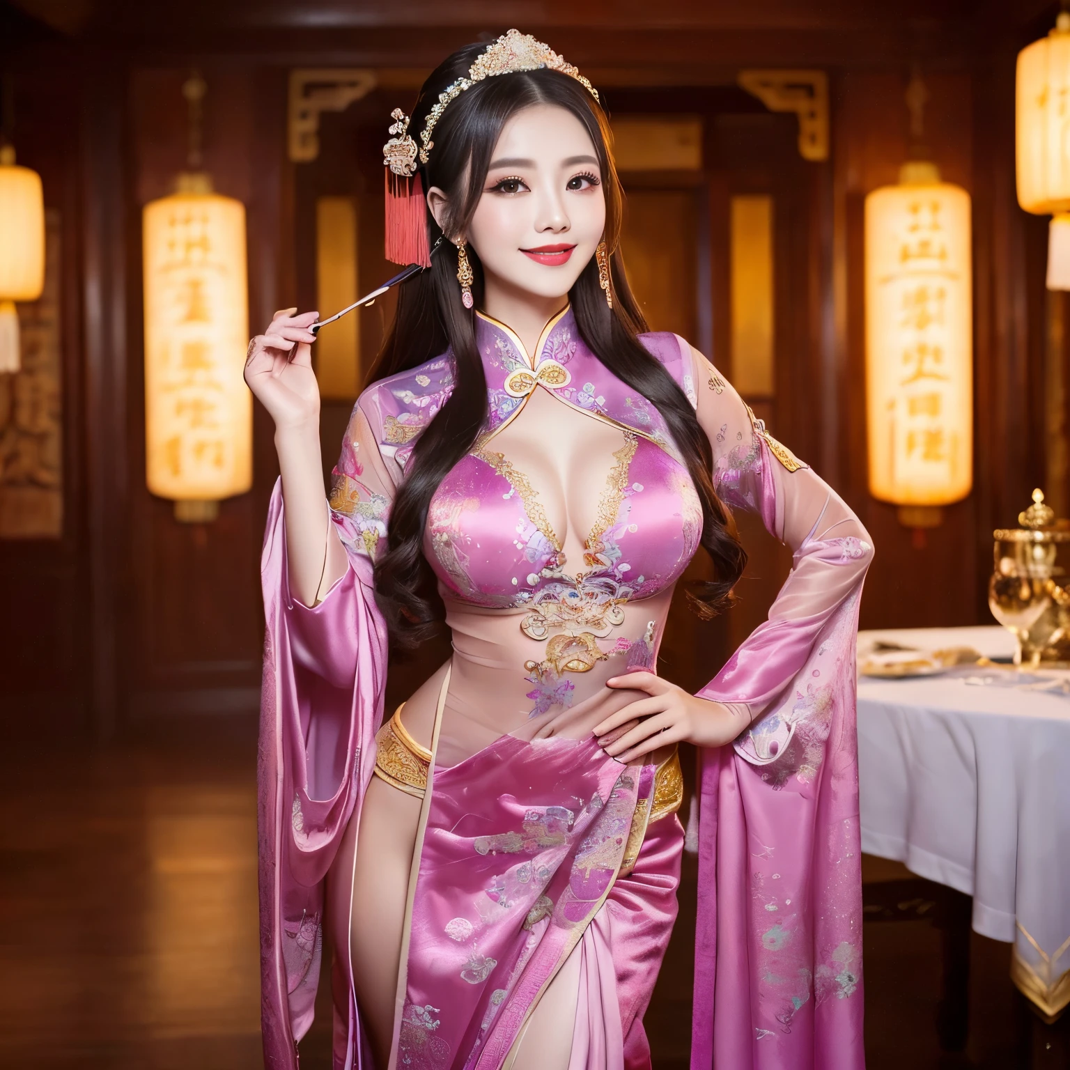 ((top-quality、masutepiece、8K、Top image quality、Highly complex and detailed depictions))、(The most gorgeous Chinese whore goddess:1.5)、Chinese garrison house at night、((The most gorgeous prostitution goddess huge costume、The most vivid and luxurious costume Iglong costume、The most luxurious and huge garrison、An unimaginably luxurious garrison、purple and pink garrison、It is depicted against the background of a huge and luxurious garrison..、Huge Guru House at midnight、Very complex decoration、very clear garrison))、(View me、Bewitching smile、Perfect makeup、long eyelashes、pink lipsticks、Pink eyeshadows、perfect anatomia、Biggest smile)、(Clear background of huge garrison:1.3)