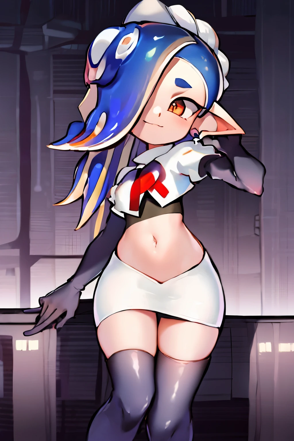 masterpiece, best quality, splatoon,(shiver:1.2), hair over one eye, tentacle hair, cute, team rocket,team rocket uniform,white skirt,red letter R,crop top,black thigh-highs,black elbow gloves