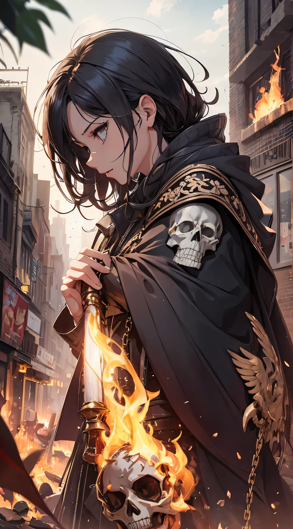 top-quality、Top image quality、masterpiece、Diabolical((Black cloak、well-muscled、best macho、full body chain、Angry eyes、Red blood、fighting poses、lava body,Body of Flame、Skeleton head、Holding a flaming sword in his right hand、Flame shield held in left hand)),hiquality、Beautiful Art、Background with((A crumbling city、the City of Fire)),masutepiece、Elaborate design、visualart、Perfect Art、Horror movie style、