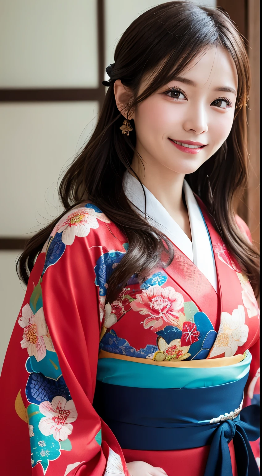 masutepiece, Best Quality, Illustration, Ultra-detailed, finely detail, hight resolution, 8K Wallpaper, Perfect dynamic composition, Beautiful detailed eyes, , Smiling, traditional Japanese kimono、Luxury kimono、Bunching hair,