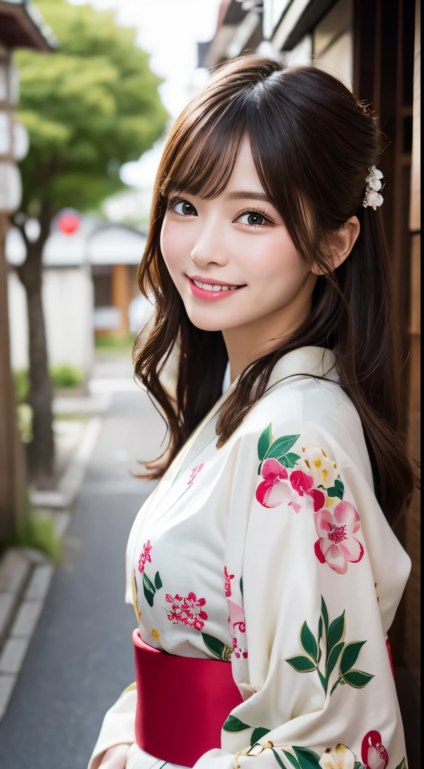 masutepiece, Best Quality, Illustration, Ultra-detailed, finely detail, hight resolution, 8K Wallpaper, Perfect dynamic composition, Beautiful detailed eyes, , Smiling, traditional Japanese kimono、Luxury kimono、Bunching hair,