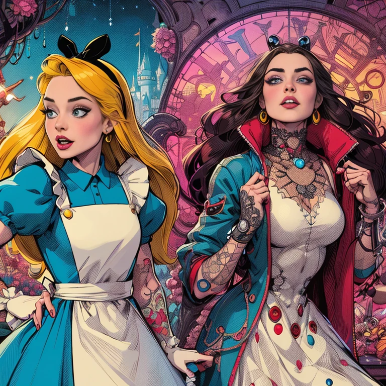 Two cartoon characters in costume and holding hands, Alice im Wunderland cyberpunk, J. Scott Campbell, J Scott Campbell, Alice im Wunderland style, Martin dann, Alice im Wunderland, Disney-Kunst style, Jen bartel, Alice im Wunderland, Kunst im Stil von Disney, inspiriert von Alice Prin, Disney-Kunst, like Alice im Wunderland