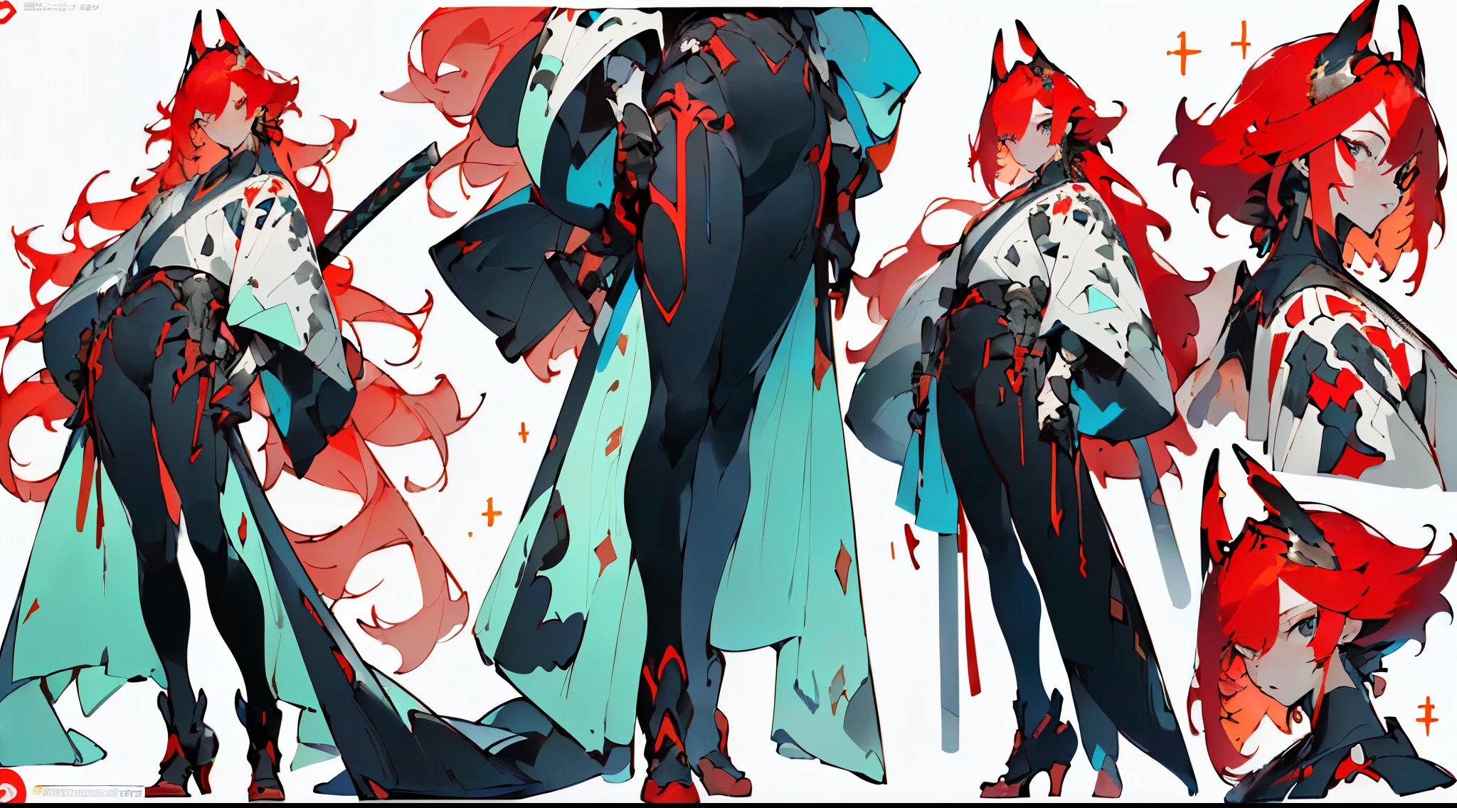 (best quality:1.2,highres,ultra-detailed,realistic:1.37),(portrait,anime),(bright colors,red hair),(multiple views of the same character in the same outfit),(three-quarter, front and side view),(full-body proportions),(white background),(character concept),(tall, slender figure),(carrying a sword)