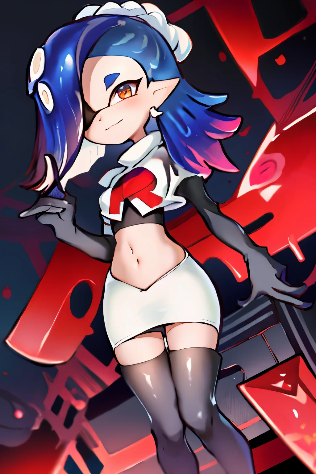 masterpiece, best quality, splatoon,(shiver:1.2), hair over one eye, tentacle hair, cute, team rocket,team rocket uniform,white skirt,red letter R,crop top,black thigh-highs,black elbow gloves