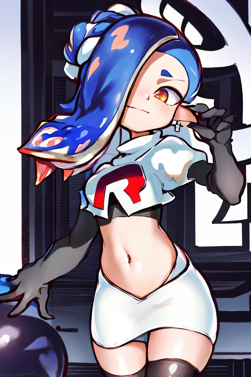 masterpiece, best quality, splatoon,(shiver:1.2), hair over one eye, tentacle hair, cute, team rocket,team rocket uniform,white skirt,red letter R,crop top,black thigh-highs,black elbow gloves