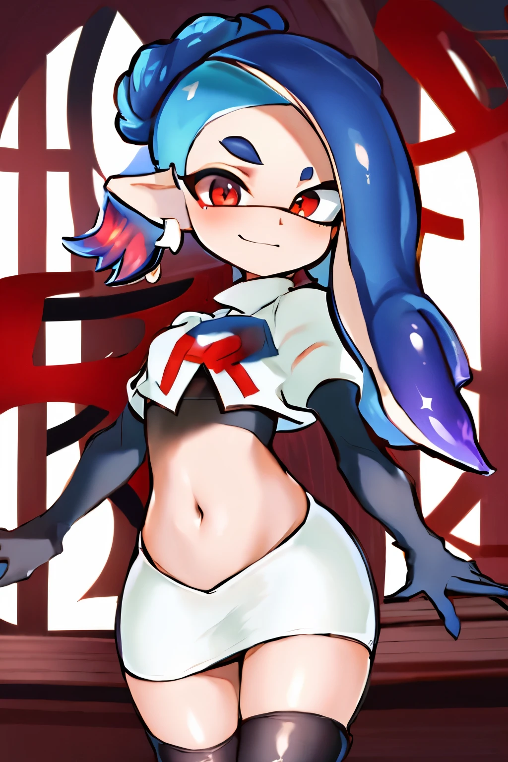 masterpiece, best quality, splatoon,(shiver:1.2), hair over one eye, tentacle hair, cute, team rocket,team rocket uniform,white skirt,red letter R,crop top,black thigh-highs,black elbow gloves