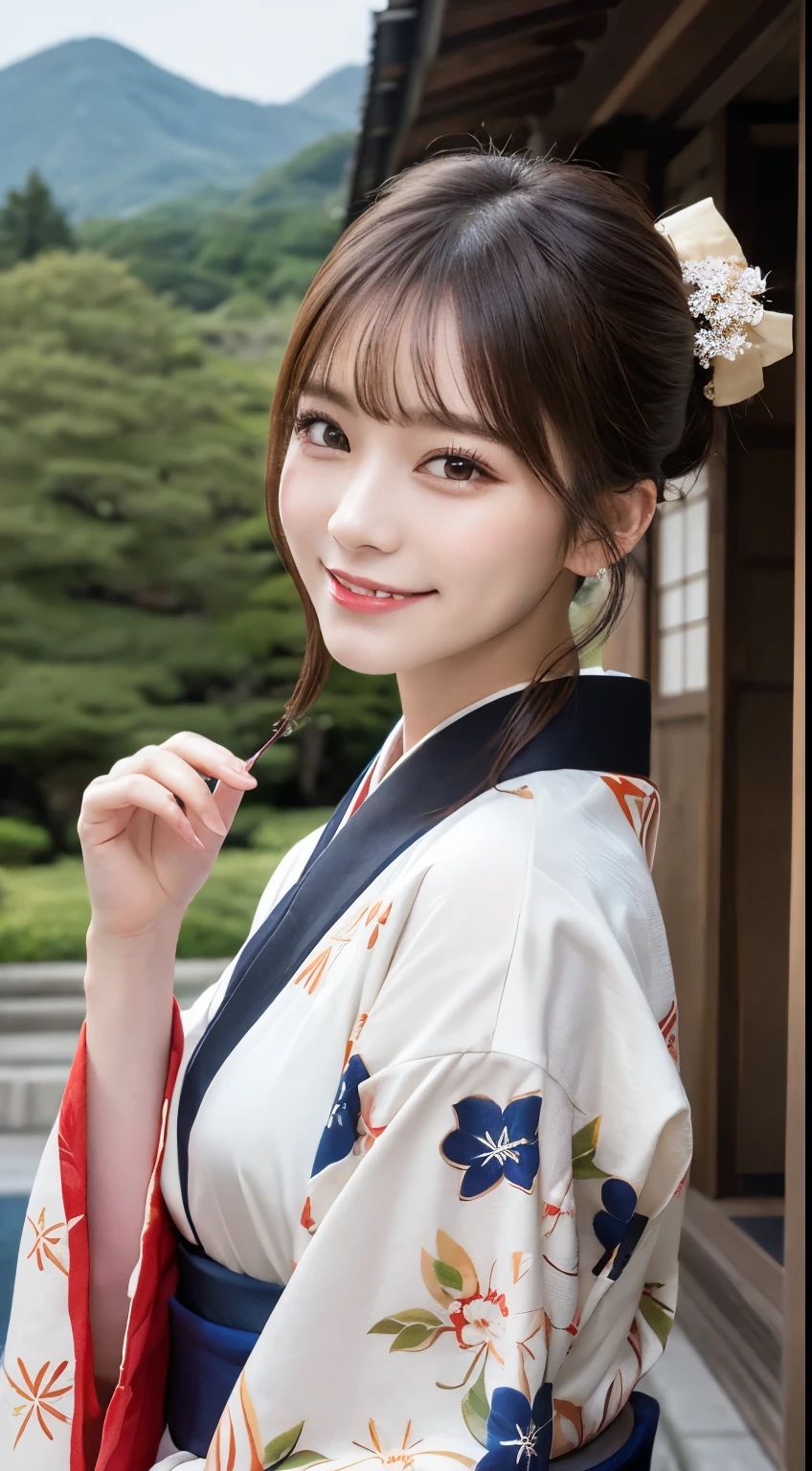 masutepiece, Best Quality, Illustration, Ultra-detailed, finely detail, hight resolution, 8K Wallpaper, Perfect dynamic composition, Beautiful detailed eyes, , Smiling, traditional Japanese kimono、Luxury kimono、Bunching hair,hair in bun