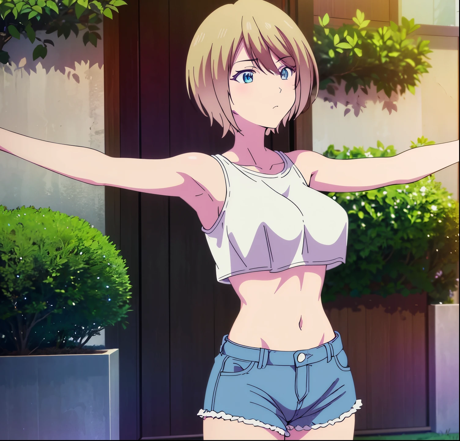 masterpiece, best quality, highres, akane hououji,1girl, solo, short hair, blonde hair, blue eyes, , crop top, shorts, midriff, underboob, outdoors, city,, big breasts, medium waist, wide hips, medium thighs, good anatomy, good hands