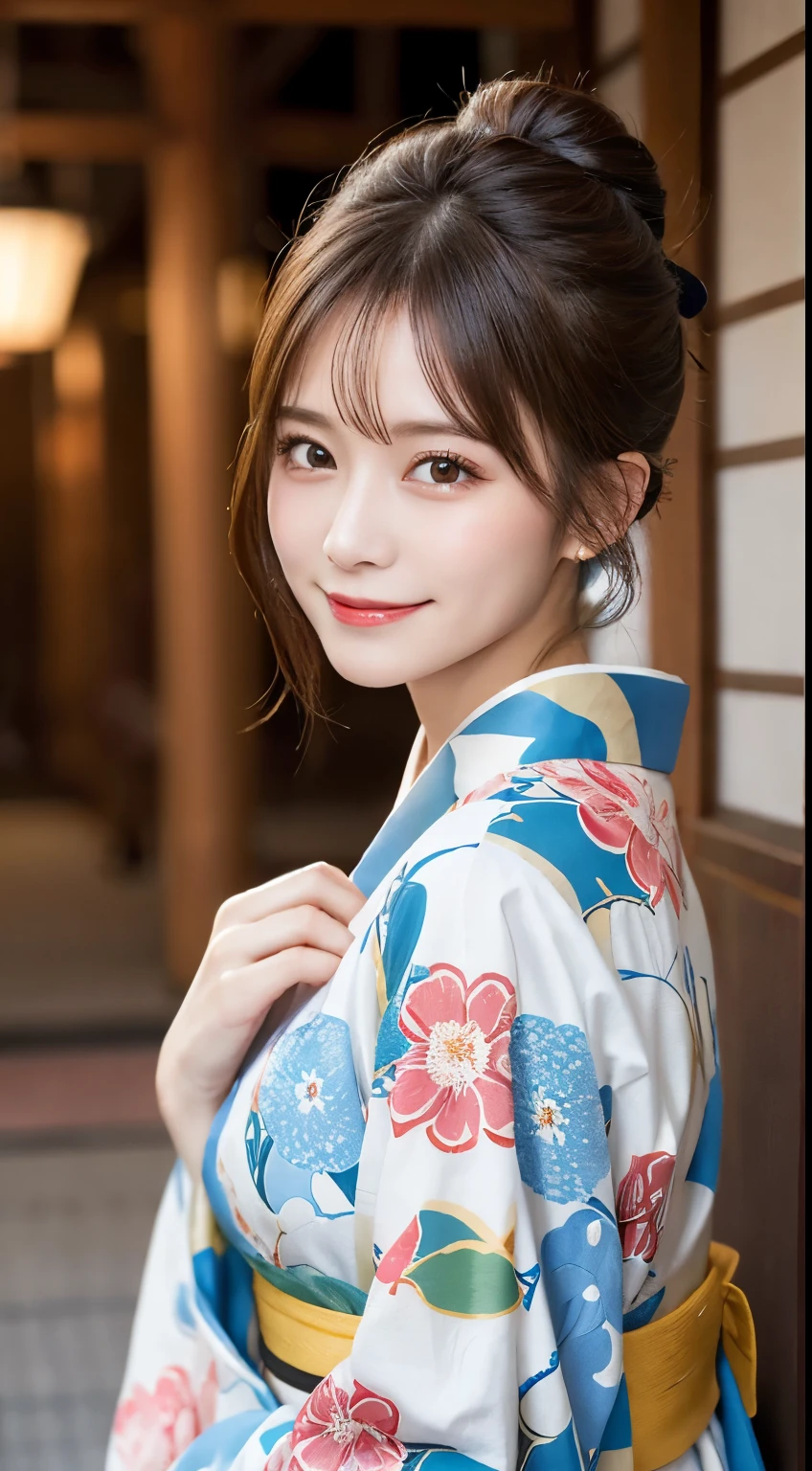 masutepiece, Best Quality, Illustration, Ultra-detailed, finely detail, hight resolution, 8K Wallpaper, Perfect dynamic composition, Beautiful detailed eyes, , Smiling, traditional Japanese kimono、Luxury kimono、Bunching hair,