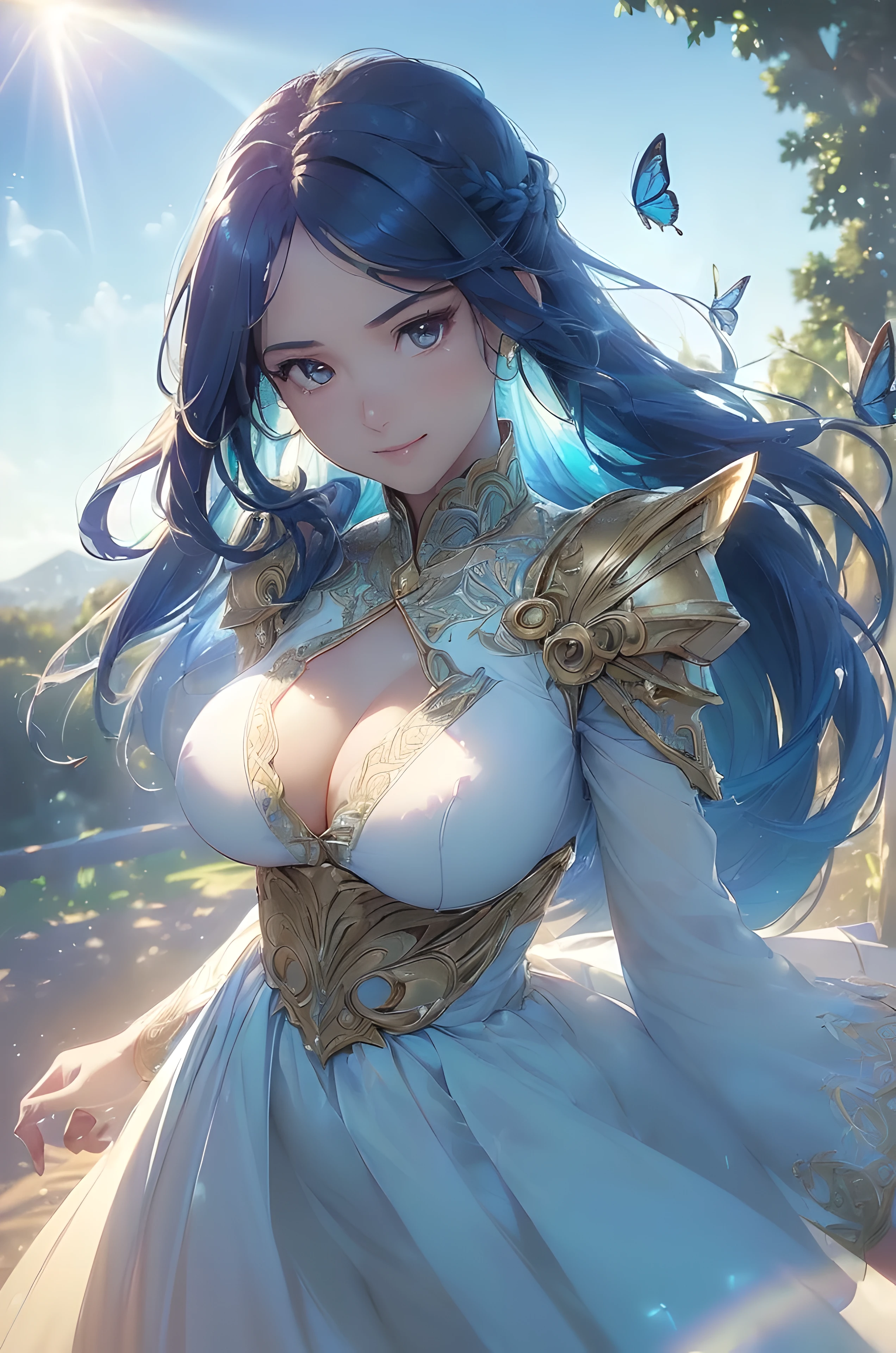 A beautiful woman, ((((realistic oil art, 46-year-old Empress, fantasy, Empire serious scene, vibrant look, (( Angel knight, shining knight, glowing knight, glowing armor, fine armor, intricate armor design, full body armor, full dress clothes, elite clothes, soft clothes, full body dress, blue color clothes, blue details)), ((( soft red color armor, silk, cinematic lighting, floating hair, sharp, prism, big shield, beautiful motion)), 1girl, masterpiece, extremely detailed, (beautiful detailed glow), lens flare, golden flare lens, sun flare, clouds, backlighting, (glowing blue sky)
, aurora, sparkling light ,smile, laughter, standing in the distance, looking at the viewer, full-length
, elegance under the sun light, hair ornament, movement motion, image look alive, perfect body figure, very big breast, very big ass, beautiful face, milf, royal, blue color hair, silky hair, shining hair, shine eyes, red eyes, ponytail long hair style, beautiful skin, Extremely details hair, fine details, cinematic lighting, beautiful lighting effect, creative design, full body frame, divine aura, hard harmony , sun light, perfect color transition, perfect balance of contrast, perfect color layer, perfectly smooth color blur, soft rendering, smooth color stroke, sun glare, optic lens, sunlight ray, soft colors, smooth colors blend, perfect color rendering, harmony, perfect color harmony, beautiful color, soft harmony, light particles, perfect details, intricate details, color prism, fine details, refine details, different view point, extremely details clothes))), Tachibana Omina art style, sharp eyes gaze, half a smile, slightly open mouth, a triumph expression, floating on the sky, stay on cloud, shining with a bright light, calm, breeze and sunlight, sun, clouds, butterflies in the sky, shining butterflies, realism, ((Best quality))),8k,((Masterpiece)),(Extremely refined and beautiful)