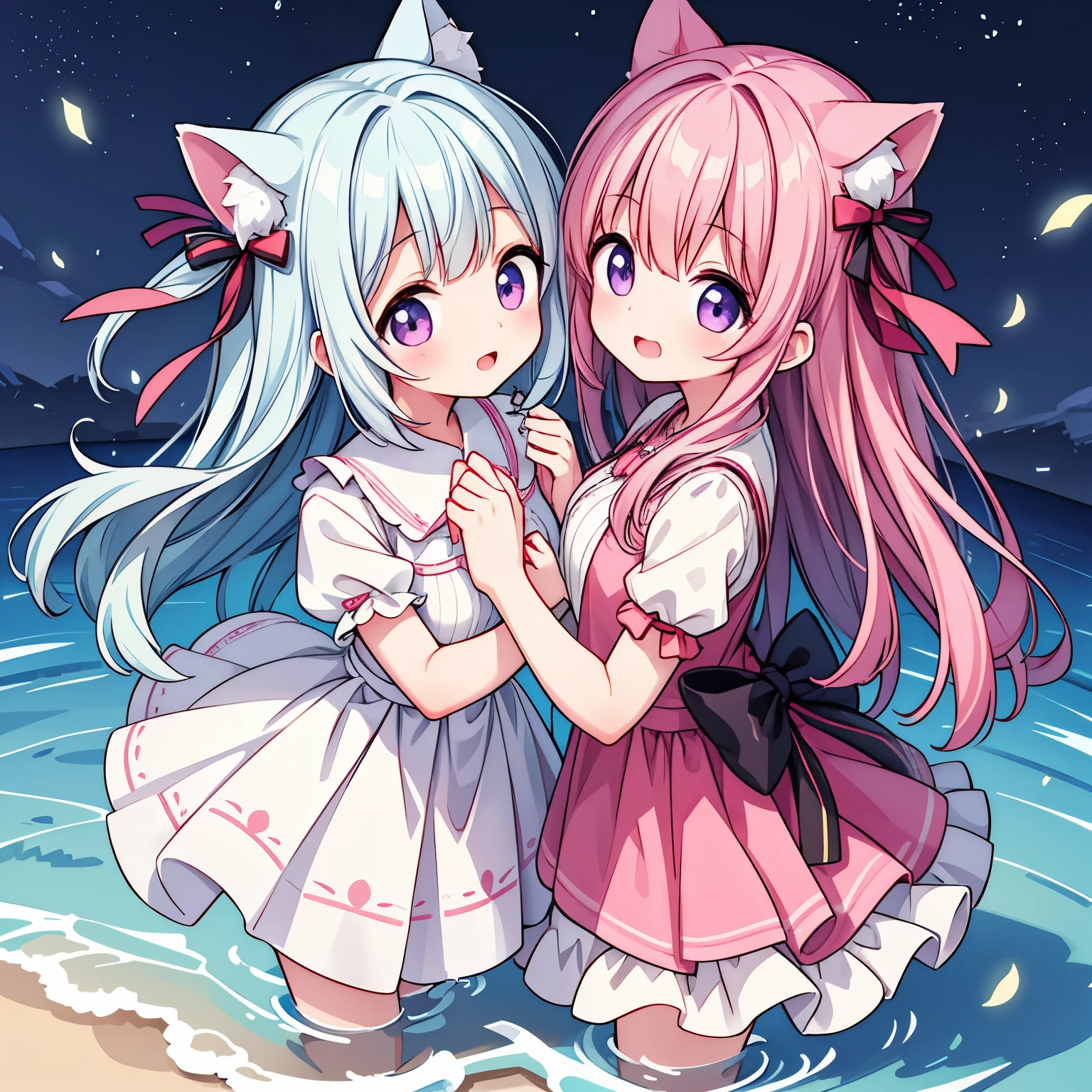 illustratio、2 girls、Three-dimensional、Pink