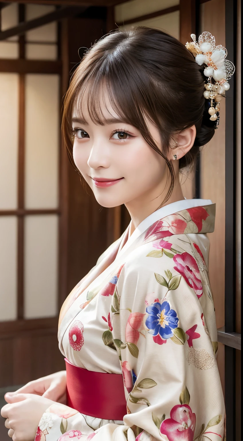masutepiece, Best Quality, Illustration, Ultra-detailed, finely detail, hight resolution, 8K Wallpaper, Perfect dynamic composition, Beautiful detailed eyes, , Smiling, traditional Japanese kimono、Luxury kimono、Bunching hair,