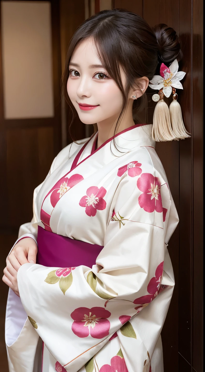 masutepiece, Best Quality, Illustration, Ultra-detailed, finely detail, hight resolution, 8K Wallpaper, Perfect dynamic composition, Beautiful detailed eyes, , Smiling, traditional Japanese kimono、Luxury kimono、Bunching hair,