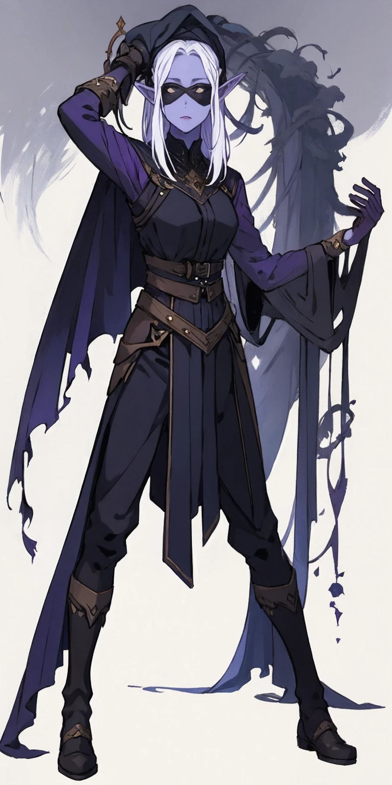 Masterpiece, standing straight symmetrical, full body female drow elf slave wearing an adventurer outfit, black blindfolded, (very purple skin)