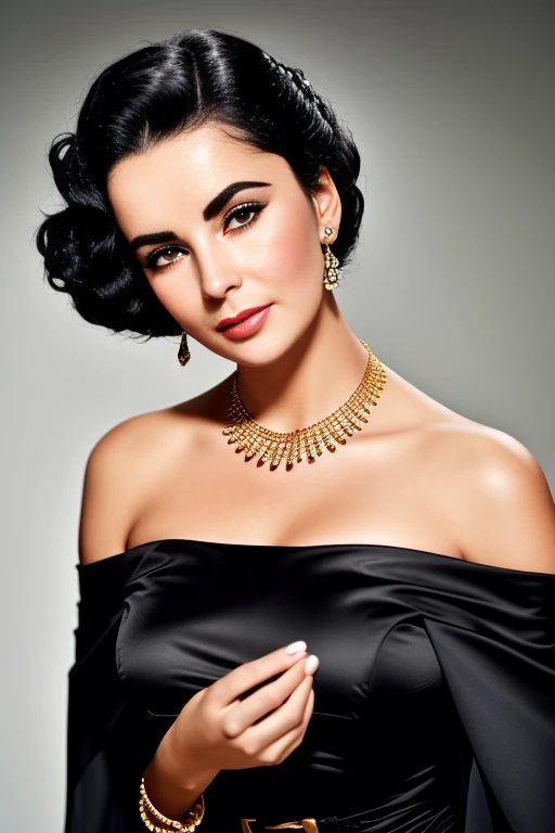 A realistic full portrait image of young actress Elizabeth Taylor with black hairstyle, beautiful, ((big perfect silicon boobs)), (fit sexy muscular hardbody), ((Perfekte Augen)), (Augen-Make-up:1.1), Lippenstift, Blick auf den Betrachter, detailliertes Gesicht, smil, (Hochdetaillierter Skin:1.1), Perfect Body, (wears a gold necklace and earrings), ((wearing a classic black strapless victorian leatherdress by Karl Lagerfeld)), ModelShoot-Stil, Professionelle Fotografie, Dramatische Beleuchtung, fotorealistisch, ((Stehen in einem dunklen Studiohintergrund)), verschwommener Hintergrund, .RAW, Analoger Stil, Scharfer Fokus, 8K, high resolution, DSLR, High quality, Fujifilm XT3, Filmkorn, awards winning, Meisterwerk,