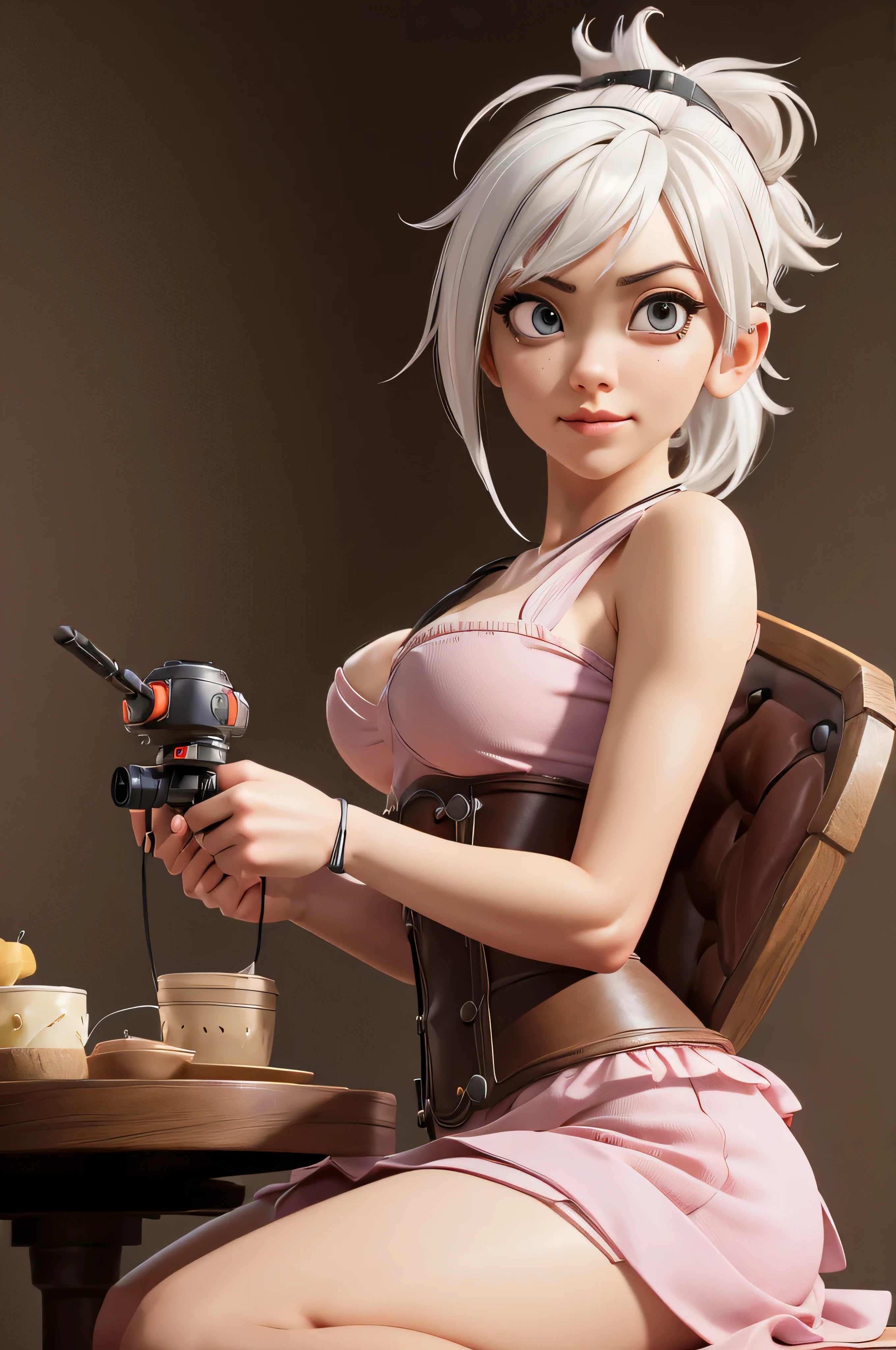 (Best Quality, masutepiece:1.4), (Realism:1.2), (Realisitc:1.2), (absurderes:1.2), (Photorealistic:1.3), 1girl in,Realistic skin,Solo,( Very big eyes,Beautiful detailed eyes, symmetrical eye), riven \(League of Legends\), 1girl in, folded ponytail, Short dress, Single-pole drone, corsets, White hair, Sitting, Upper body, Cowboy Shot
