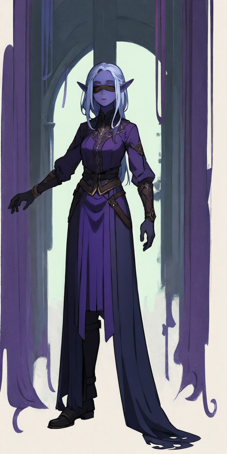 Masterpiece, standing straight symmetrical, full body female drow elf slave wearing an adventurer outfit, black blindfolded, (very purple skin)