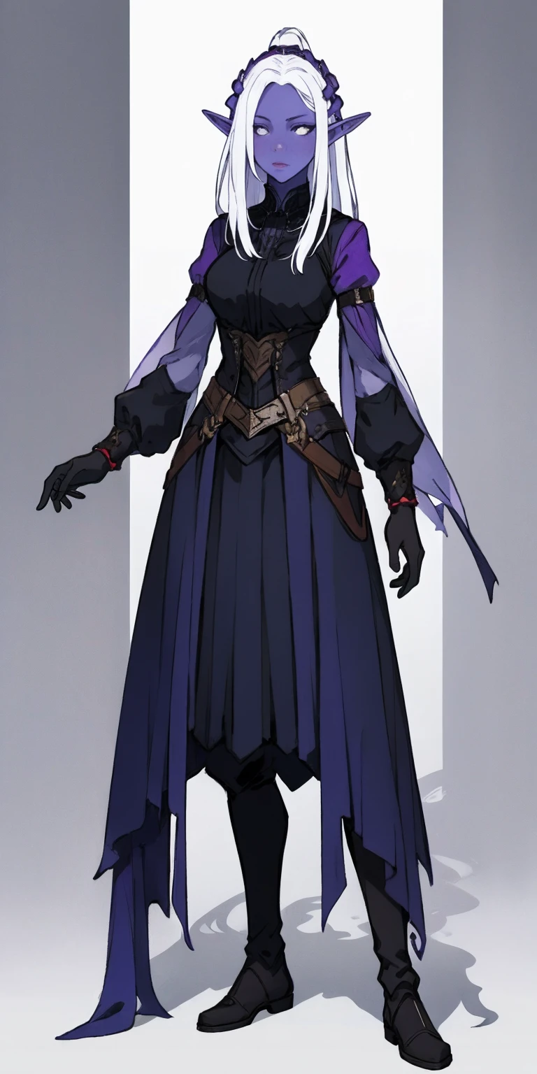 Masterpiece, standing straight symmetrical, full body female drow elf slave wearing an adventurer outfit, black blindfolded, (very purple skin)