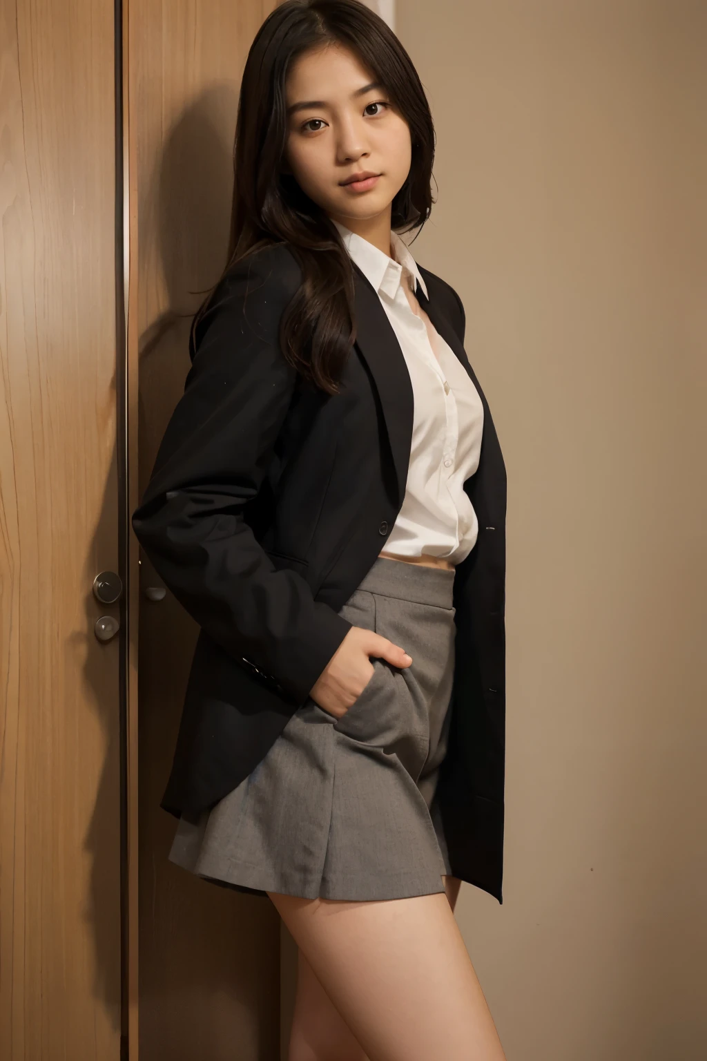 japanaese girl,college aged,20yr old,girls college clothing,Short brown skirt,Small black suit,tiese,White shirt