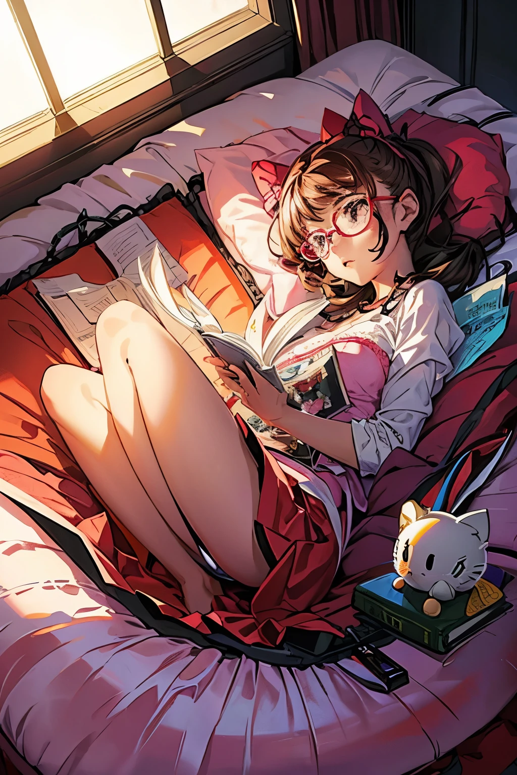a hello kitty doll laying on a bed next to a cell phone, cute digital art, someone sits in bed, pfp, with huge luminous eyes, disconnected, in style of anne stokes, animated episode still, reading, with glasses