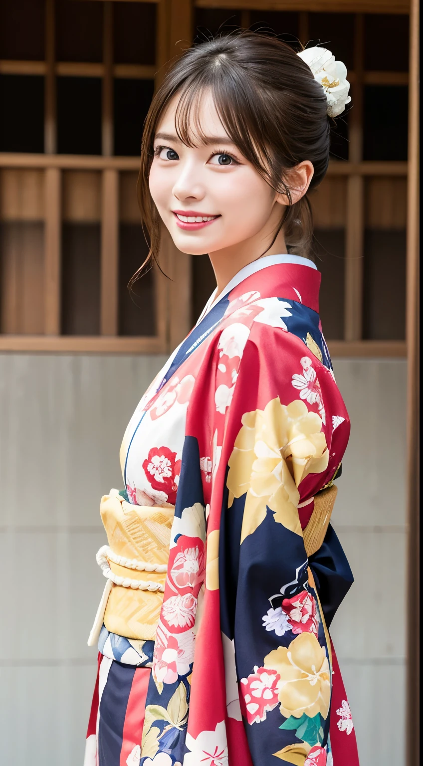 masutepiece, Best Quality, Illustration, Ultra-detailed, finely detail, hight resolution, 8K Wallpaper, Perfect dynamic composition, Beautiful detailed eyes, Smiling, traditional Japanese kimono、Luxury kimono、Bunching hair,hair in bun、耳环