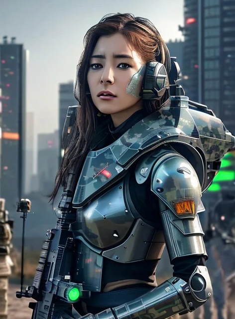 extremely detailed CG unity 16K wallpaper, (raw photography, cyberpunk:1.3), science fiction, (photorealistic, highest quality, masterpiece:1.2), (correct :1.5), POV, (from front:1.4), (from below:1.3), dynamic angle, 1 girl, ((female soldier with mechanize body:1.5)), solo, ((full-body shot:1.1)), black hair, ponytail, fairly detailed skin, tan, realistic eyes, (bright and dark eyes:1.5), highly detailed nose and lips, (tall nose:1.5), expressionless, ((camouflaged body armor:1.5)), perfect body proportion, (slender, beautiful breast:1.5), cleavage, ((highly mechanized body armor:1.4)), (((flying:1.4))), (((1 jet-pack on the girl's back, the girl is flying by the jet-pack:1.3))), (((holding 1 blaster rifle:1.2))), intricately detailed face, ultra-detailed skin texture, professional photo, professional lighting, sharp focus, depth of field, best aesthetic, (((outdoor, vandalized town, noon, battlefield:1.5)))