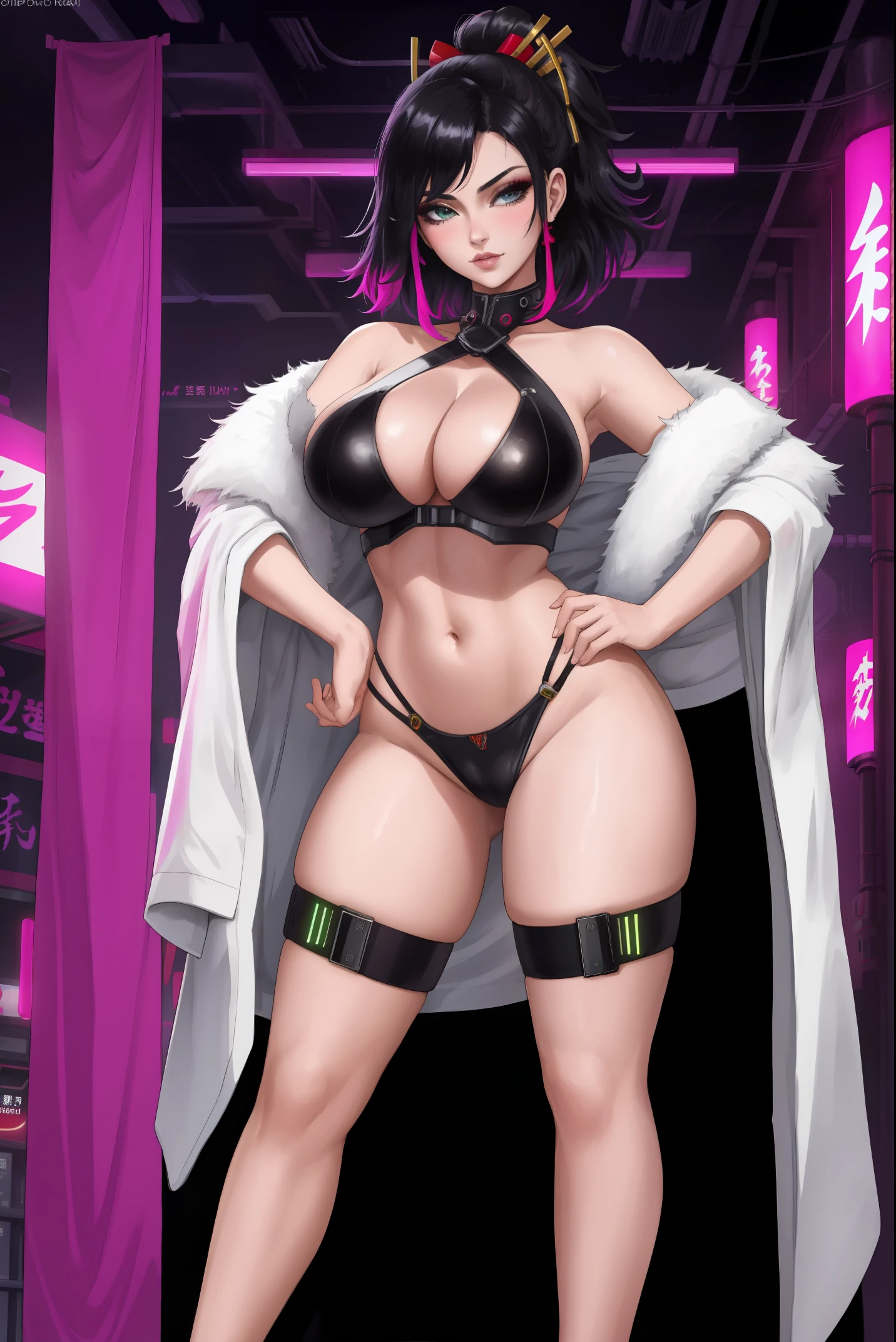 there is a Japanese Geisha woman standing, 3 d neon art of a woman's body, neon-noir background, cyberpunk femme fatale, seductive cyberpunk dark fantasy, cyberpunk clubs, cyberpunk 20 y. o model girl, oppai cyberpunk, banner, high definition cgsociety, cgsociety masterpiece, trending on cgstation, kda, random hair, looking at camera, gigantic breasts, cleavage, (high detailed skin:1.2), 8k uhd, dslr, super lighting, high quality, film grain, high res, highly detailed, hyper realistic, beautiful face, beautiful body, beautiful eyes nose lips, alluring expression, very bold, upper boobs visible, full body photo, standing legs apart, pale translucent glowing skin, most beautiful face, cute, (well defined pubic hair:1.2)), (dark plain black background:1.4))