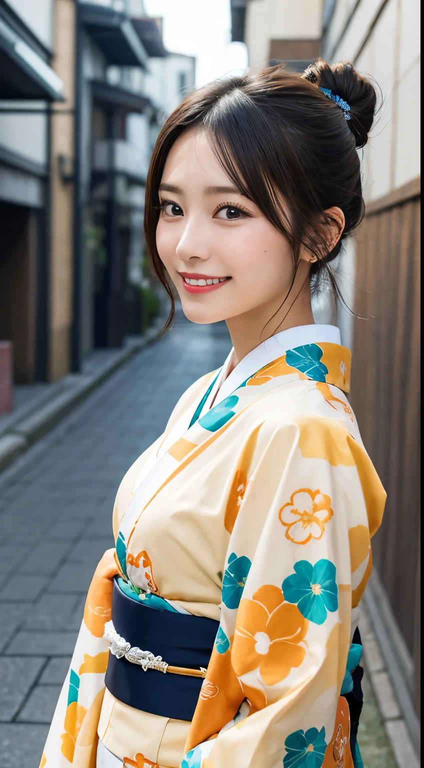 masutepiece, Best Quality, Illustration, Ultra-detailed, finely detail, hight resolution, 8K Wallpaper, Perfect dynamic composition, Beautiful detailed eyes, Smiling, traditional Japanese kimono、Luxury kimono、Bunching hair,hair in bun、耳环